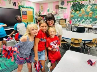Karen Acres students and teacher during Homecoming classroom party